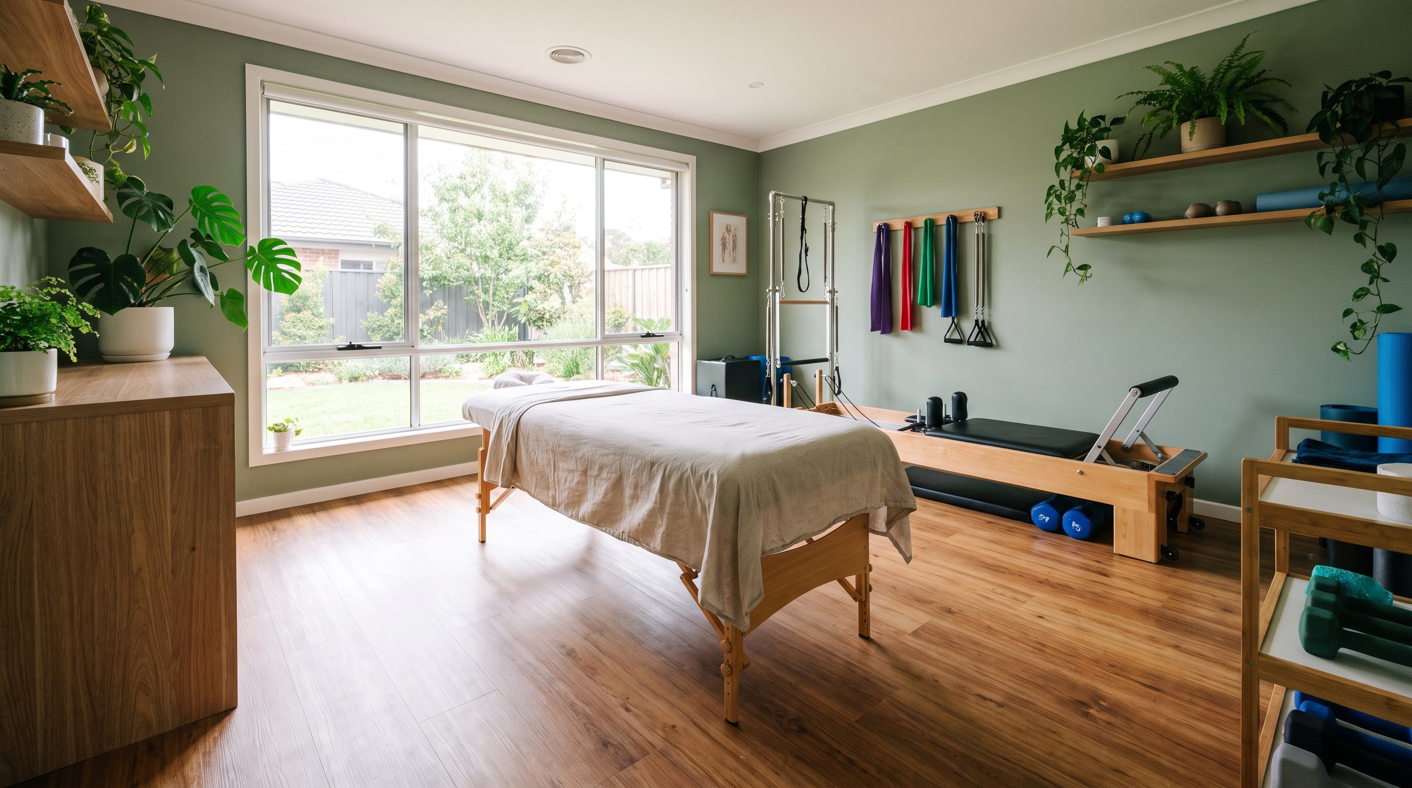 A clean private treatment room with a professional massage table and bolsters ready for a session